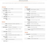 RV rental specifications sheet: detailed overview of interior, exterior, and kitchen features for an RV.