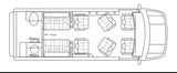 RV rental floor plan: Camper van interior layout shows seating, side door, refrigerator, and microwave.