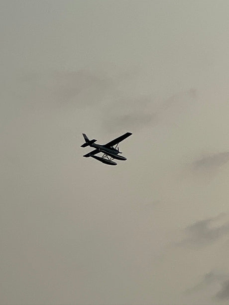 A dark seaplane soars under a grey sky. Like an RV rental, it represents freedom and unique travel.