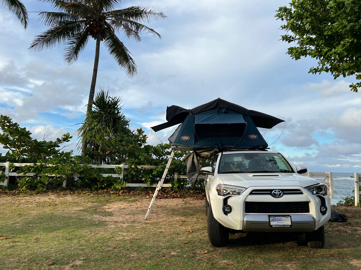 RV rental alternative: A white Toyota 4Runner with a deployed rooftop tent and ladder, set for oceanfront camping among palm trees. — photo 6