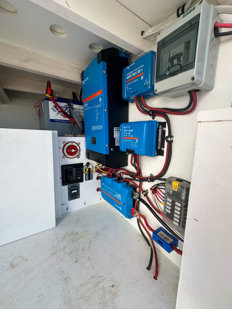 RV rental's advanced electrical system: Victron Energy inverter, solar controller, DC-DC charger, LiFePO4 battery, and fuse panel.