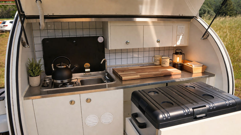  and a portable cooler unit.|Cozy RV rental interior with bed — photo 4