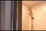 Close-up of a compact, metallic shower head mounted in a clean, warm-lit RV bathroom, ready for your rv rental.