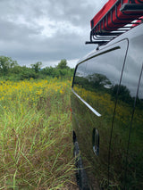 Adventure in bloom! A black camper van (rv rental) with a roof rack, parked in a field of goldenrod under a gray sky.