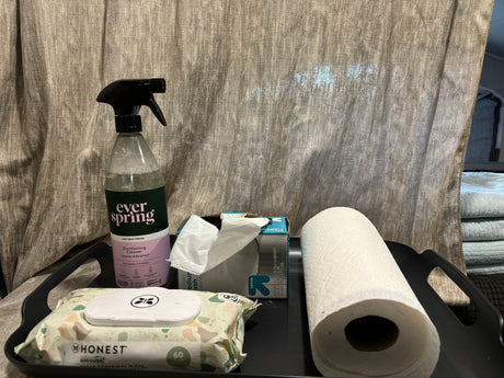 Cleaning essentials for an RV rental: disinfecting spray, wipes, paper towels, and trash bags on a tray.