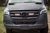 Front view of a rugged dark gray Mercedes-Benz Sprinter RV rental van with auxiliary lights and off-road tires, perfect for adventure.