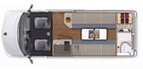 Top-down RV rental interior floorplan. Features a compact kitchen, dining area, and bathroom for comfortable mobile living.