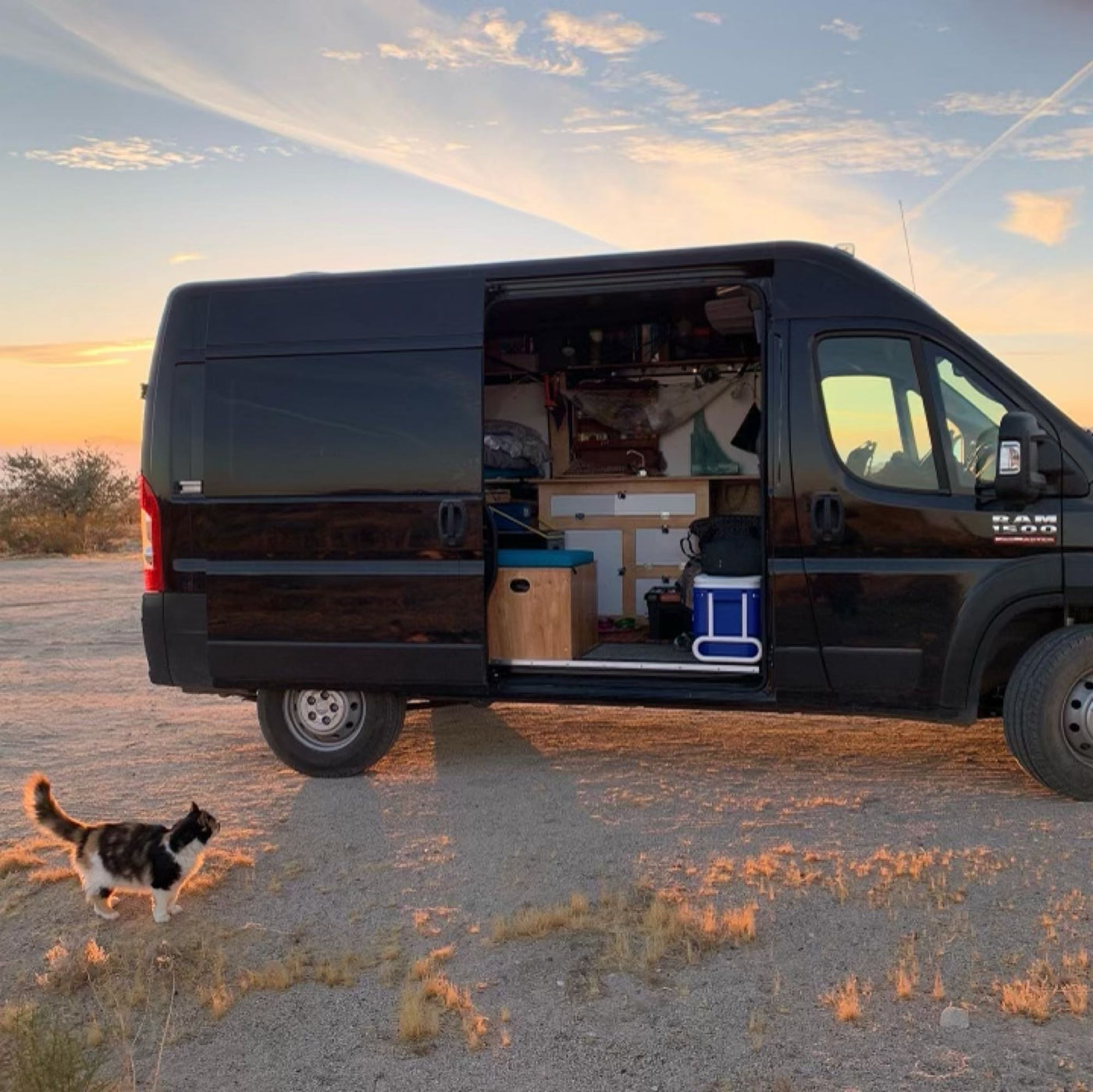  Colorado.|A black camper van RV rental at sunset. Its open side reveals a cozy interior — photo 7