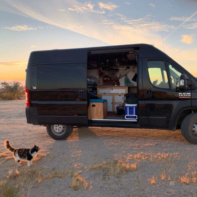  Colorado.|A black camper van RV rental at sunset. Its open side reveals a cozy interior — photo 7