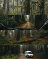 Immerse in misty redwood forests with an RV rental. Photos show dense trees, winding roads, and the van exploring nature.