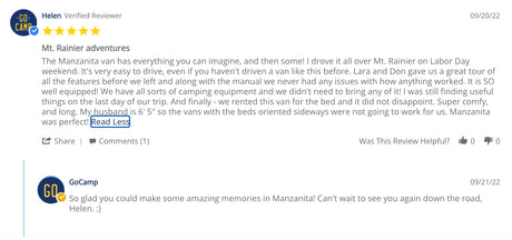 Helen's 5-star rv rental review for GoCamp's Manzanita van details a great Mt. Rainier camping trip & excellent customer experience.