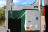 Back of RV rental features a Camplux portable hot water heater and outdoor shower for adventure camping and van life.