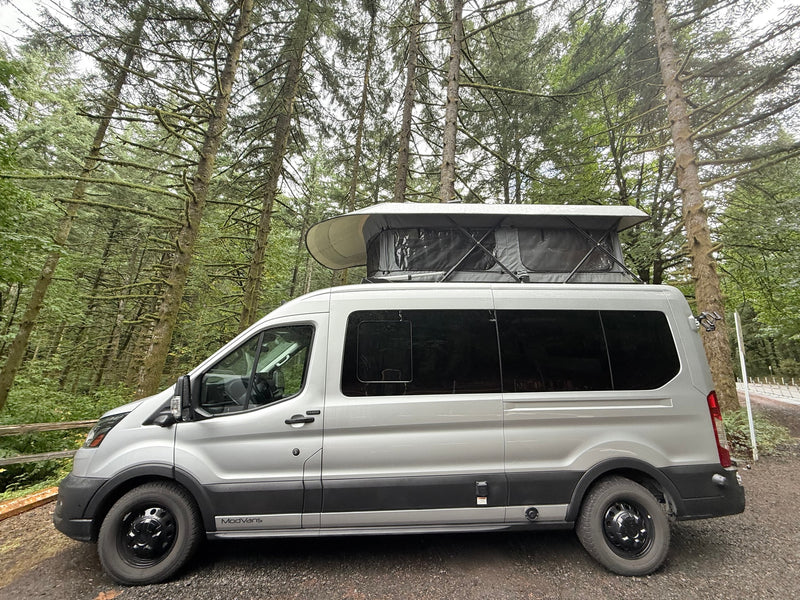 A silver ModVans pop-top camper van for RV rental is parked among mossy trees, ideal for forest adventures. — photo 8