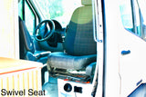 Inside this RV rental: a flexible swivel seat. Enhances comfort and utility in a camper van conversion, ideal for maximizing space.