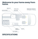 This RV rental floor plan shows the Truevan Vision X (4 passengers) with a kitchen, bath, and flexible living areas.