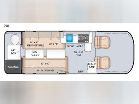 RV rental 20L camper van floor plan with convertible beds, wet bath, kitchen, and seating layout.