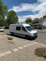 White Dodge Sprinter van, often an RV rental or camper conversion, parked on a residential street under a blue sky.