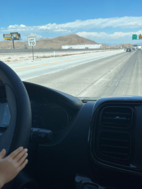 Road trip view from an RV rental: a small hand on the steering wheel, desert highway, 'SPEED LIMIT 70' sign, and distant mountains.