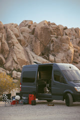 RV rental adventure: a grey camper van parked in a desert landscape with a bulldog, camping gear, and rock formations.
