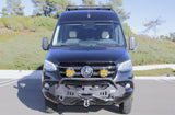 This black Mercedes Sprinter camper van, equipped with custom off-road bumper, winch, and lights, is an ideal rv rental.
