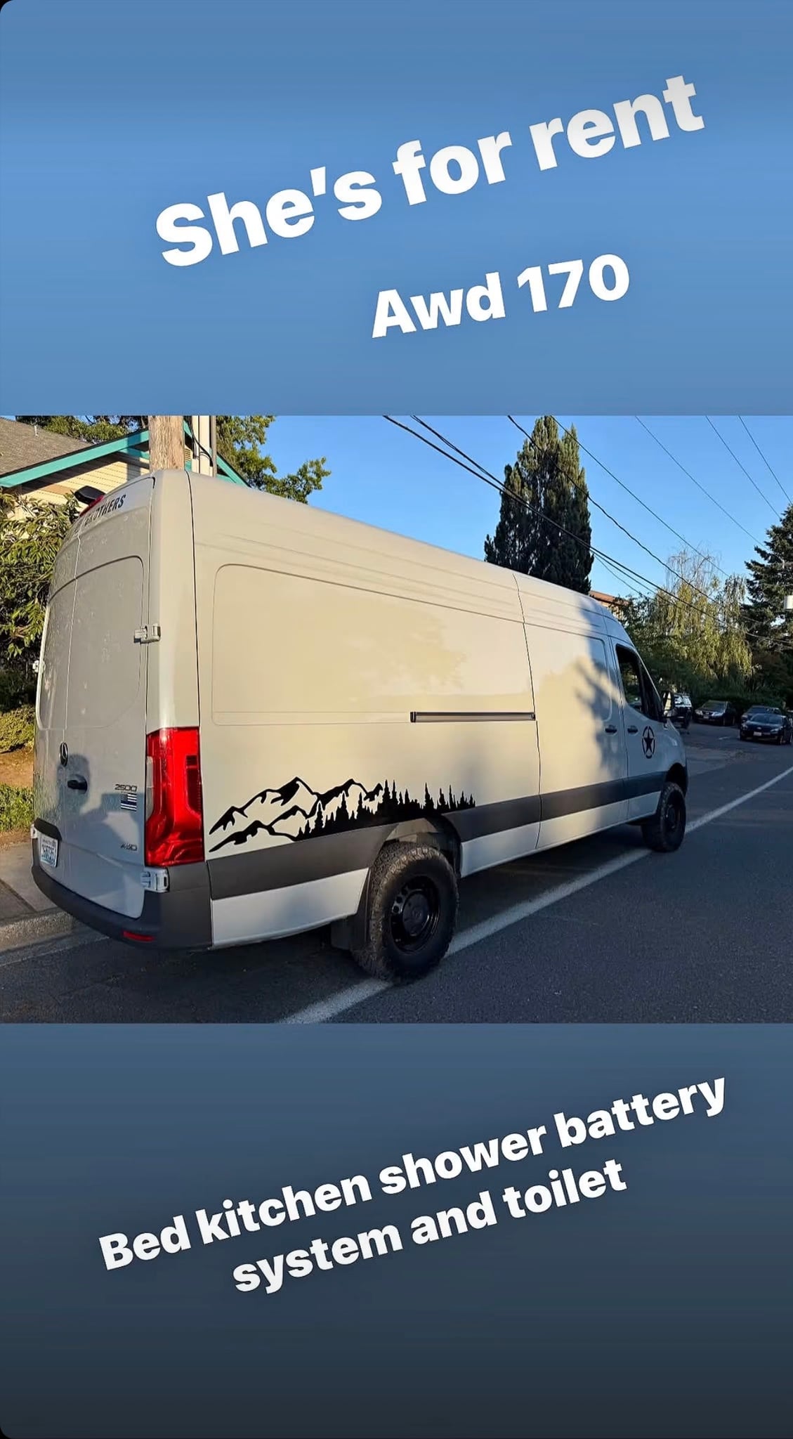  rests by a still lake reflecting a vast forested mountain under a clear sky.|A lifted Mercedes Sprinter camper van with custom decals