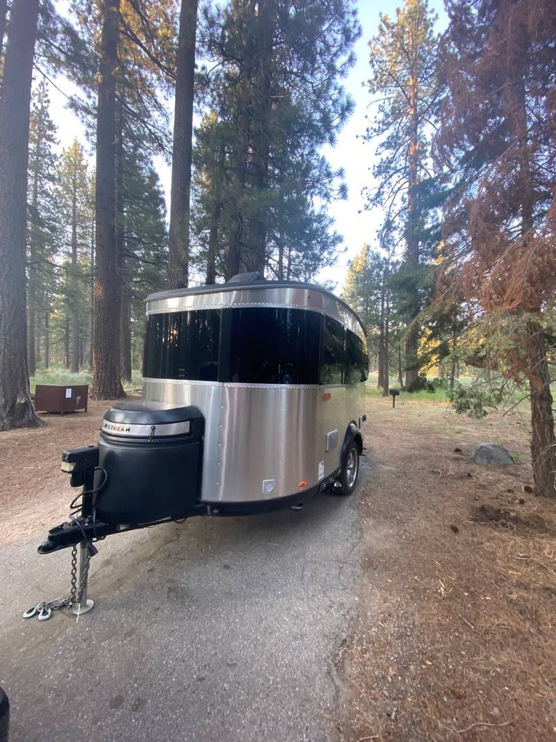 A sleek silver Airstream travel trailer parked in a serene forest campground. Consider an RV rental for your next nature escape! — photo 20