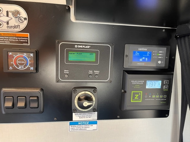 This RV rental control panel displays crucial information: solar charge, battery voltage, water pump status, and interior temperature.
