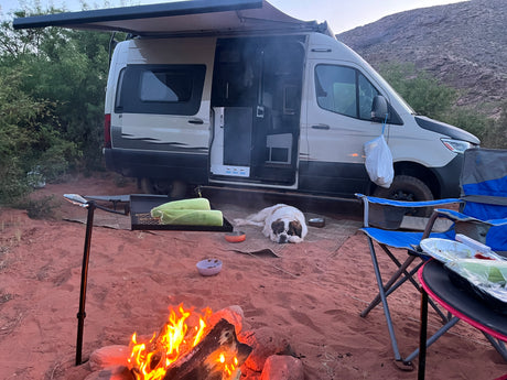 Camping comfort with an RV rental: Relaxing by a warm campfire with a big dog outside a camper van.