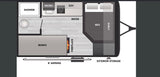 RV rental floor plan: cozy travel trailer layout with bed, bunks, kitchen, shower, fireplace, and exterior storage.