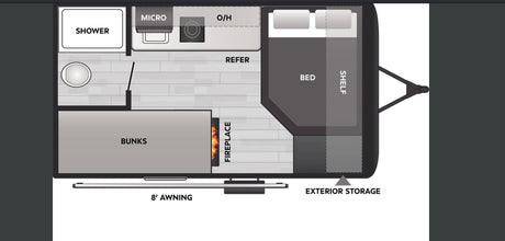 RV rental floor plan: cozy travel trailer layout with bed, bunks, kitchen, shower, fireplace, and exterior storage.