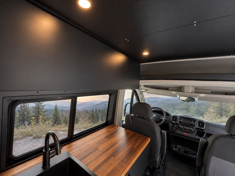  parked on a gravel trail with mountains at dusk.|Black camper van (RV rental) on gravel road — photo 11