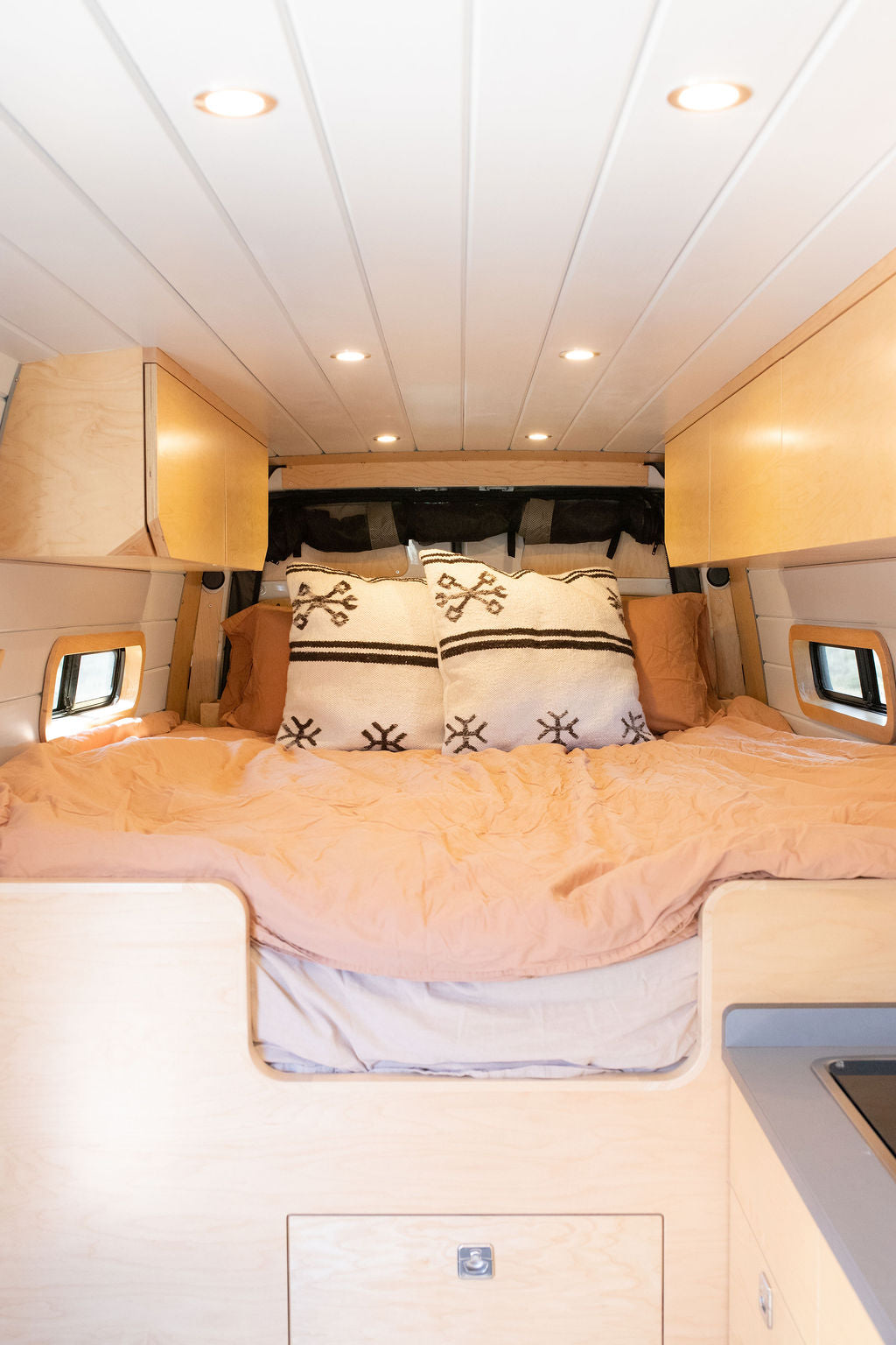  and outdoor stove setup enhance this camper van's adventure readiness.|RV rental van's open side door with protective bug screen & extended awning for shaded — photo 8