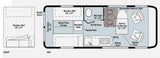 RV rental floor plan: See the versatile interior layout of a camper van with Murphy bed, wet bath, kitchen, and storage.