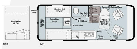 RV rental floor plan: See the versatile interior layout of a camper van with Murphy bed, wet bath, kitchen, and storage.