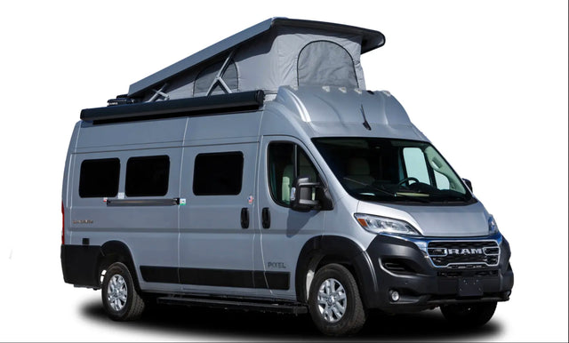 Grey Coachmen Pixel pop-top RV rental, a Ram ProMaster camper van with a retractable awning, ready for adventure.
