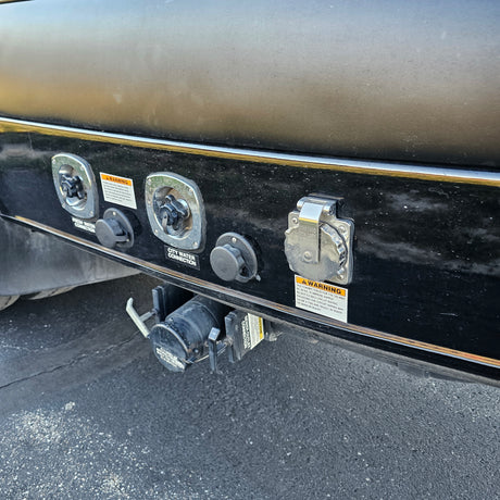 Detailed view of an RV rental's essential utility hookups: fresh water, city water, 30A power, and sewer connections.