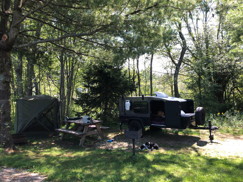 Cozy camping with a small camper! This rv rental setup includes a screen tent, picnic table, and a relaxing dog in a wooded campsite. — photo 3