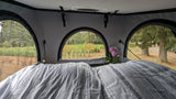 Cozy RV rental interior with striped bed, orchid plant, and nature views through arched windows. Perfect for camping!