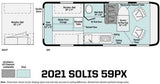 2021 Solis 59PX RV rental floor plan detailing day & night interior layout: bed, wet bath, kitchen, pop-top access.