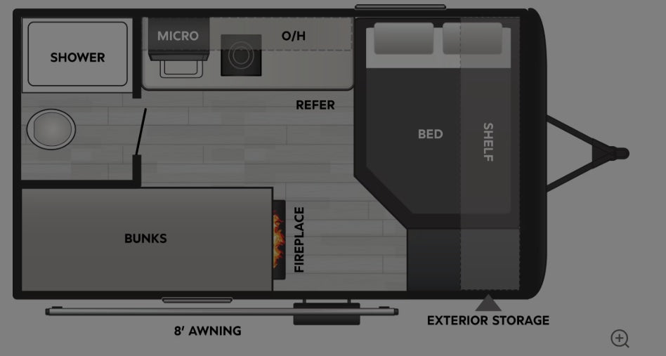 RV rental floor plan showing shower, toilet, bunks, bed, kitchen (MICRO, REFER, O/H), fireplace, awning, exterior storage.