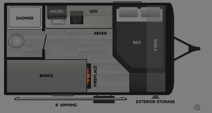 RV rental floor plan showing shower, toilet, bunks, bed, kitchen (MICRO, REFER, O/H), fireplace, awning, exterior storage.