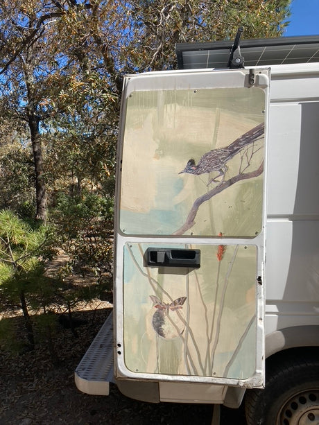 Explore nature with this unique RV rental featuring hand-painted roadrunner and moth art on its rear doors, parked outdoors.