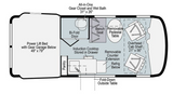 This RV rental floor plan details a compact interior featuring a lift bed, kitchen, wet bath, and versatile seating area.