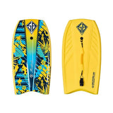 Two vibrant boogie boards, one with tropical designs, perfect for beach adventures. Consider an RV rental for easy transport and water sports fun.
