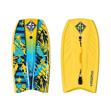 Two vibrant boogie boards, one with tropical designs, perfect for beach adventures. Consider an RV rental for easy transport and water sports fun.