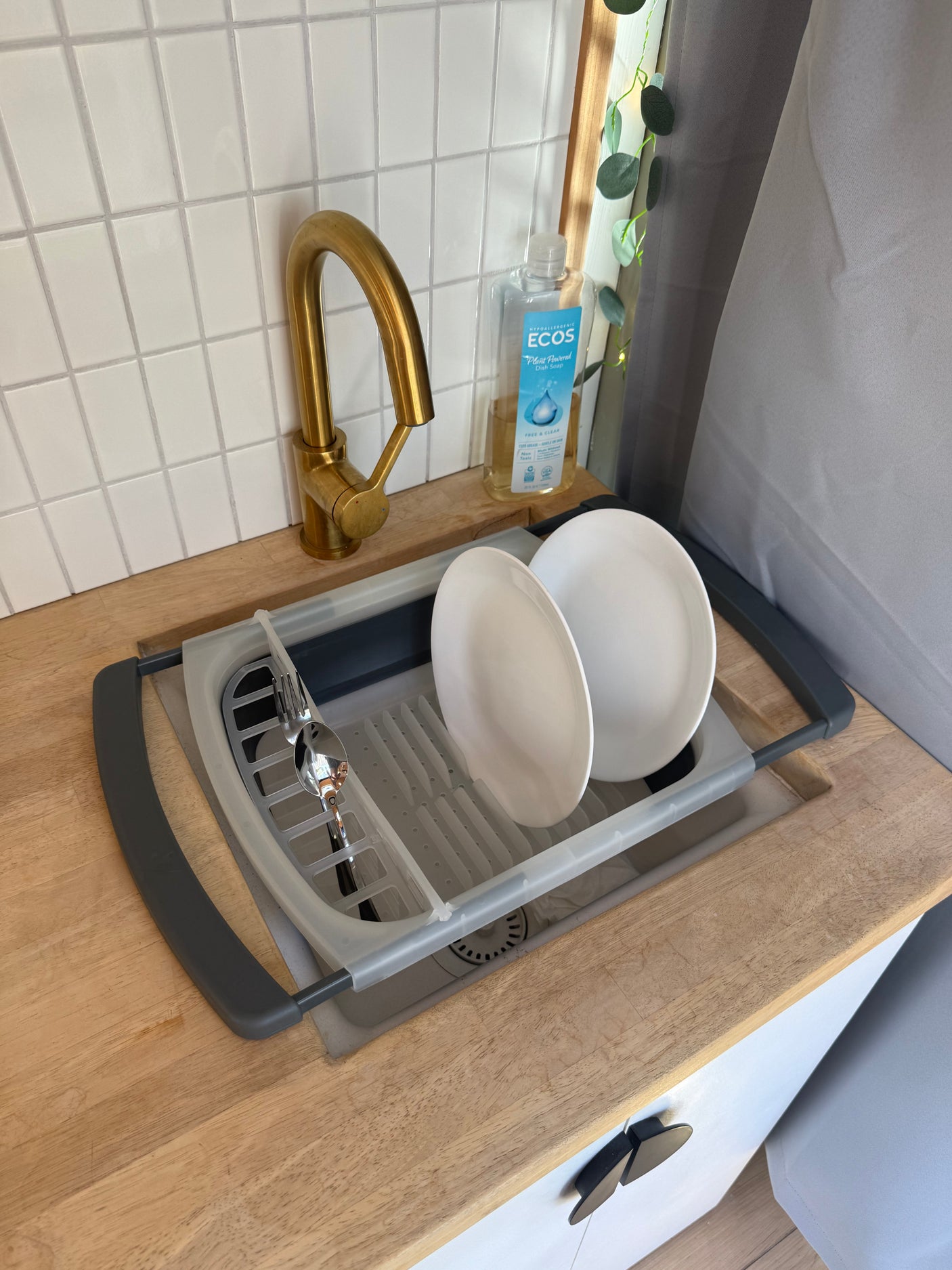 RV rental's compact kitchen with a modern gold faucet, dish drying rack, clean plates, and ECOS dish soap on a wood counter.