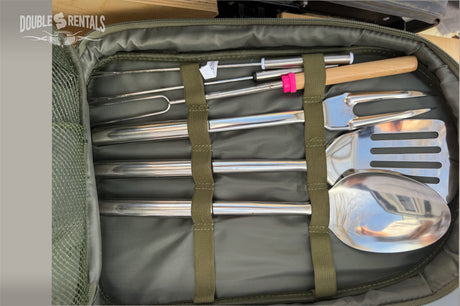 RV rental essential: organized BBQ utensil set for outdoor cooking & camping adventures.