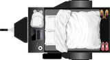 Overhead view of an RV rental's organized interior: bed with white linens, side table with laptop, backpack, coffee, and shoes.