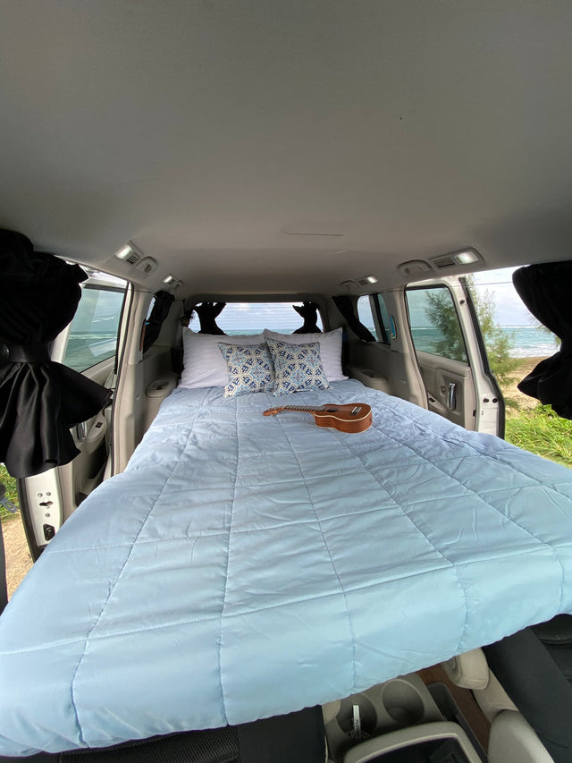Inside an RV rental van: a comfy bed with a ukulele