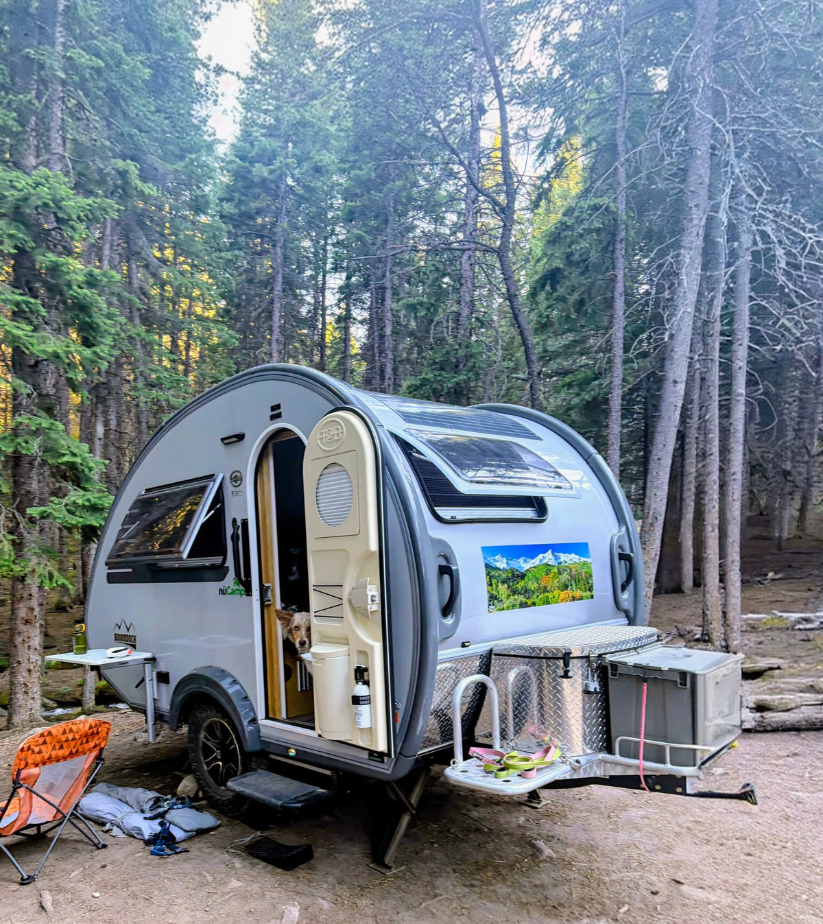  and wood storage.|Compact RV rental interior featuring a Contoure microwave — photo 15